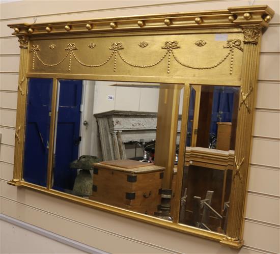 Triple gilt frame overmantel mirror, 136cm wide